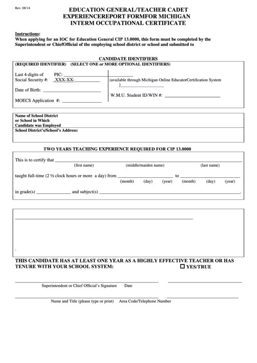 Education General/teacher Cadet Experience Report Form For Michigan Interm Occupational Certificate Printable pdf