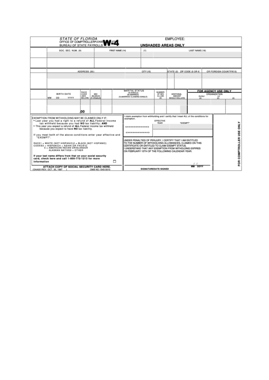 Fillable Florida Form W4 Employee'S Withholding Allowance