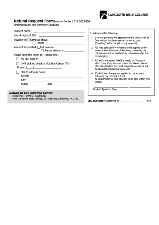 Refund Request Form - Lancaster Bible College Printable pdf