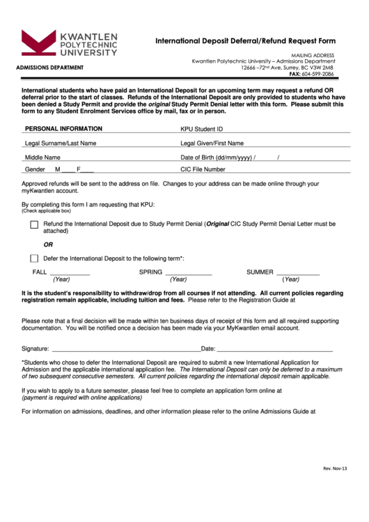International Deposit Deferral Refund Request Form Printable pdf