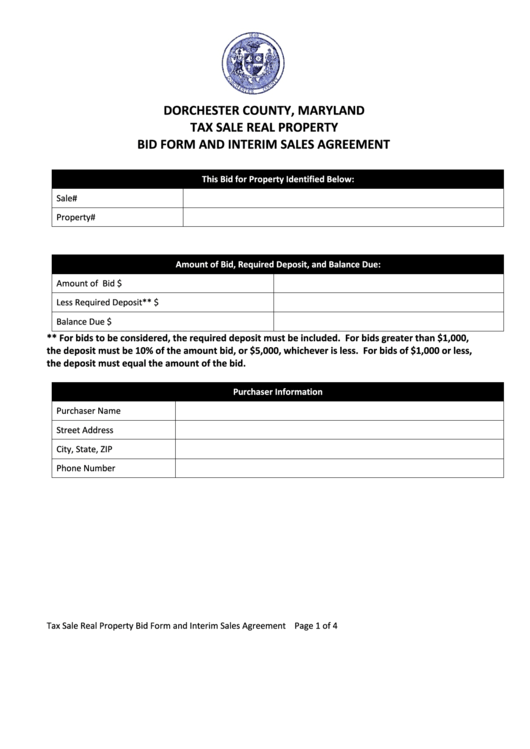Dorchester County, Maryland Tax Sale Real Property Bid Form And Interim Sales Agreement Printable pdf