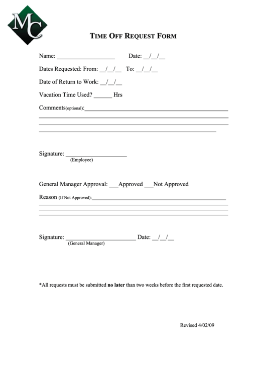 Time Off Request Form Printable pdf