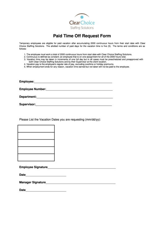 Paid Time Off Request Form Printable pdf