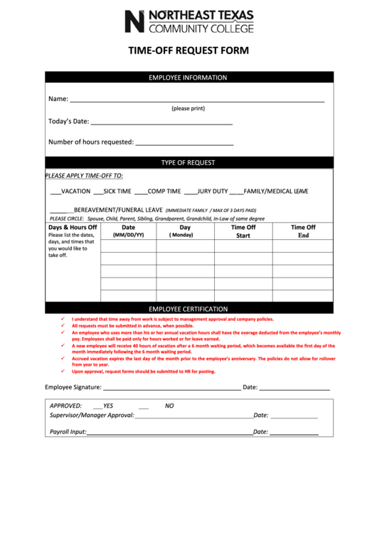 Time-Off Request Form Printable pdf
