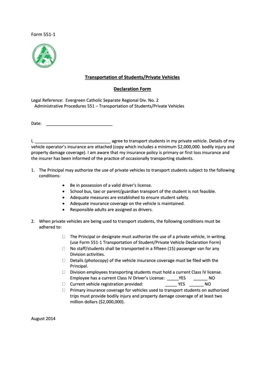 Transportation Of Students/private Vehicles Declaration Form Printable pdf