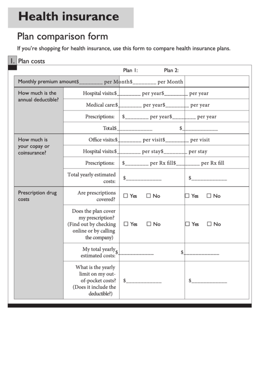 Health Plan Comparison Form Printable pdf
