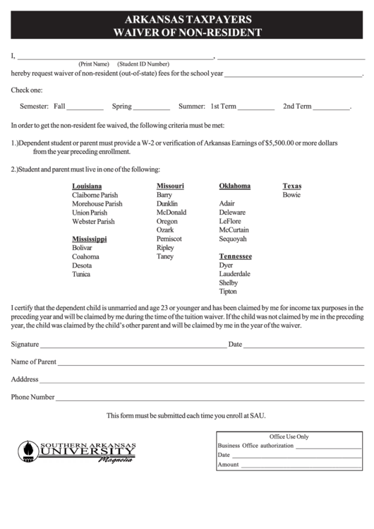Arkansas Tax Waiver Non Resident Form Printable pdf
