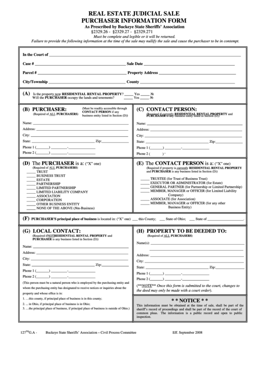 Fillable Real Estate Judicial Sale Purchaser Information Form Printable pdf