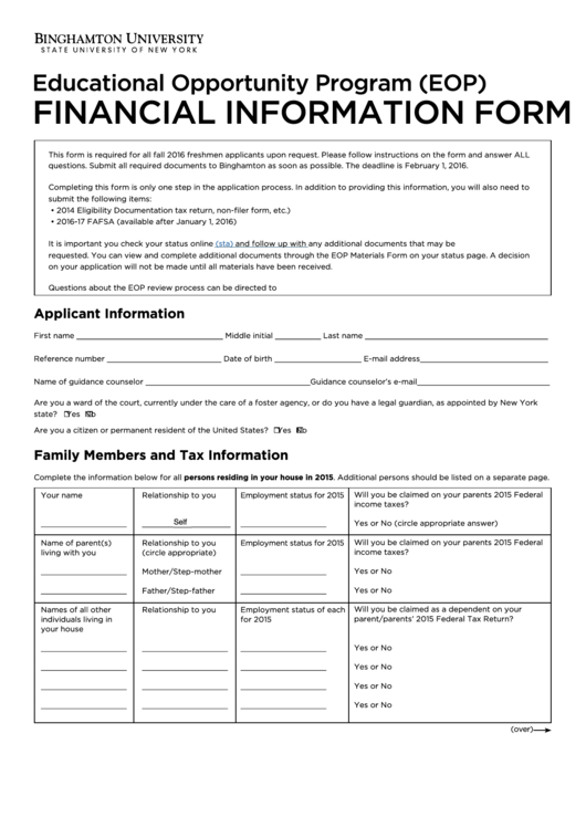 Financial Information Form - Binghamton Printable pdf