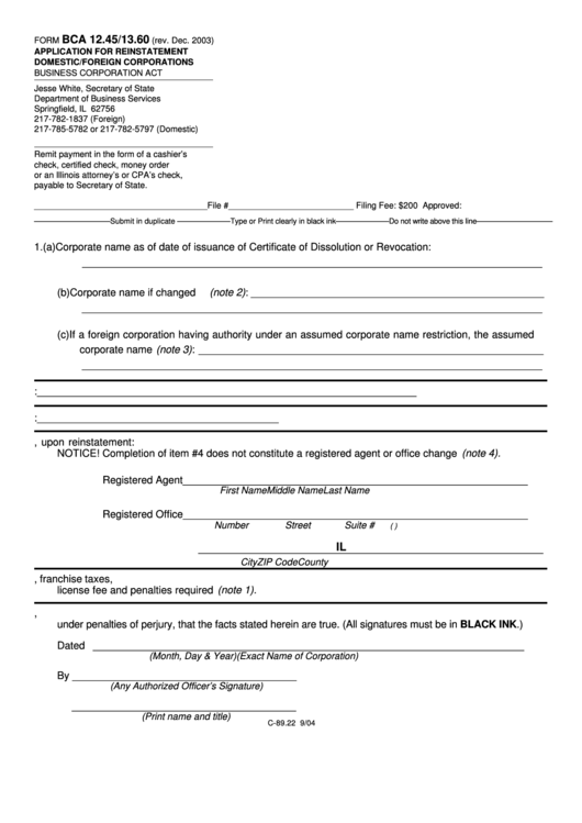 Fillable Form Bca 12.45/13.60 - Application For Reinstatement Domestic/foreign Corporations Printable pdf