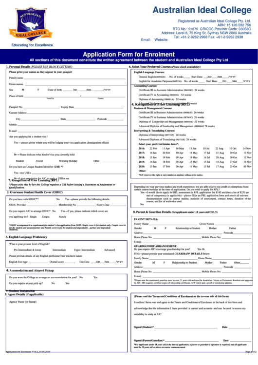 Fillable Australian Ideal College Application Form Printable pdf