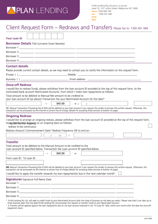 Redraw Requests And Transfers Form - Plan Lending Printable pdf