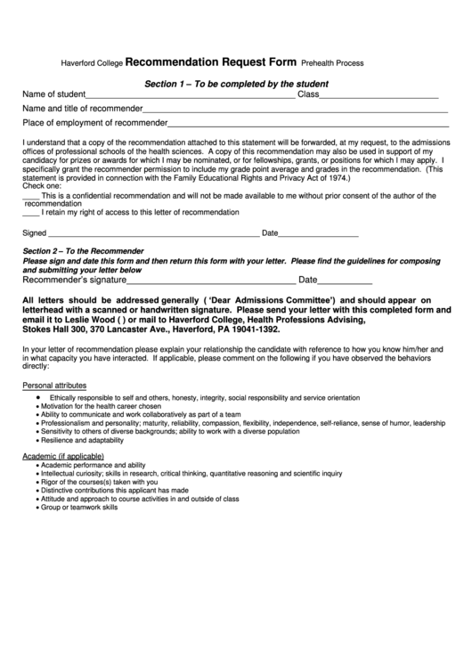 Recommendation Request Form Haverford College Printable pdf