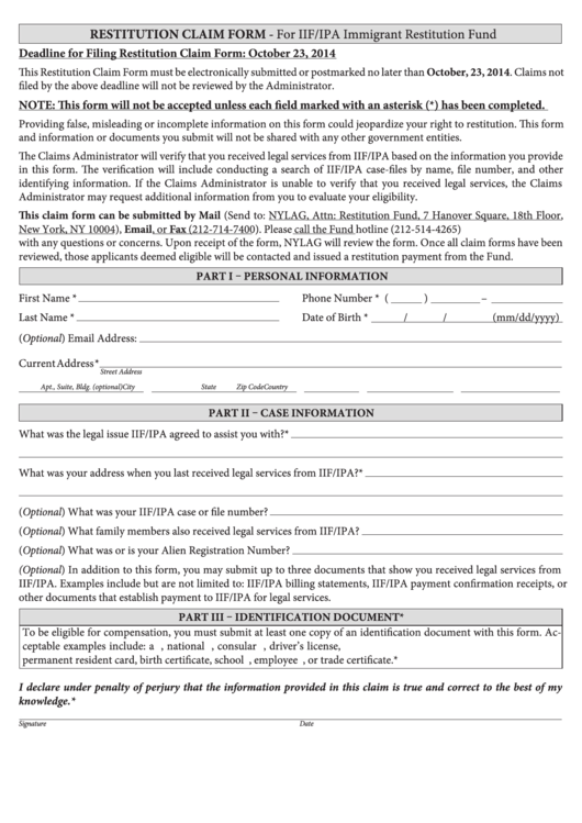 Fillable Restitution Claim Form - New York Legal Assistance Group Printable pdf