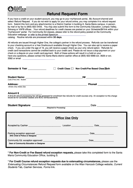 Fillable Refund Request Form Allan Hancock College Printable pdf