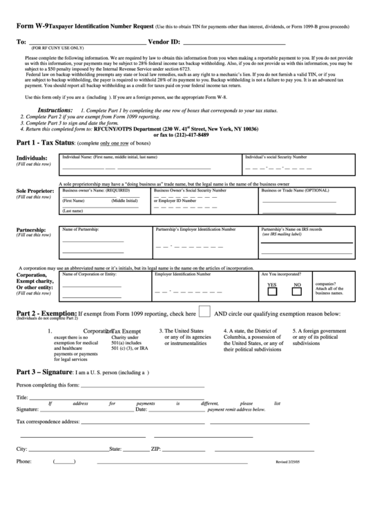 Form W-9 - Taxpayer Identification Number Request - Baruch College