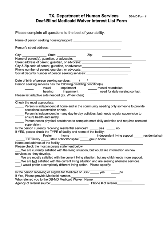 Deaf Bllind Medicaid Waiver Interest List Form Printable pdf