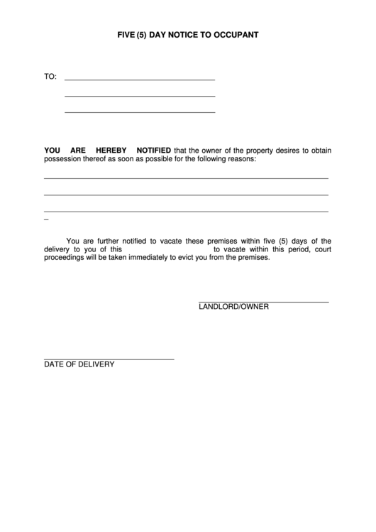 Five (5) Day Notice To Occupant Form Printable pdf