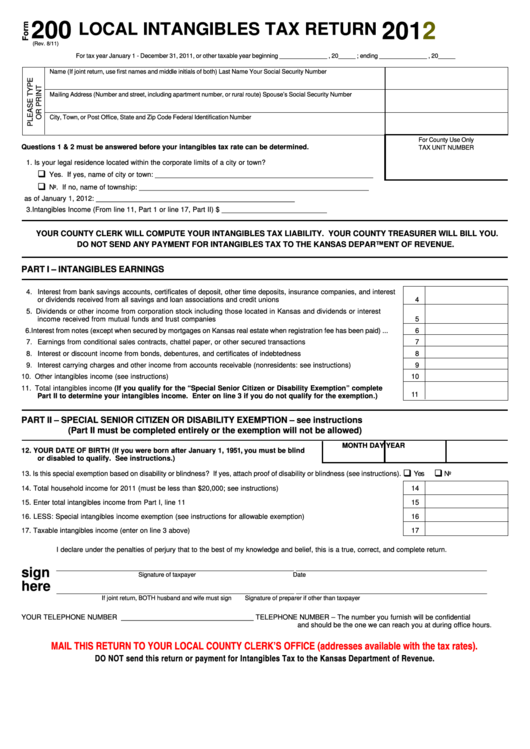 Fillable Form 200 - Local Intangibles Tax Return - 2012 Printable pdf