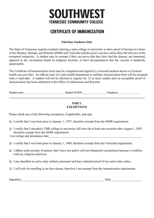 Certificate Of Immunization - Southwest Tennessee Community College Printable pdf