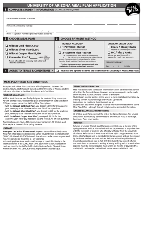 University Of Arizona Meal Plan Application - The Arizona Student Unions Printable pdf