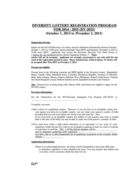 Diversity Lottery Registration Program Dv-2003 Printable pdf