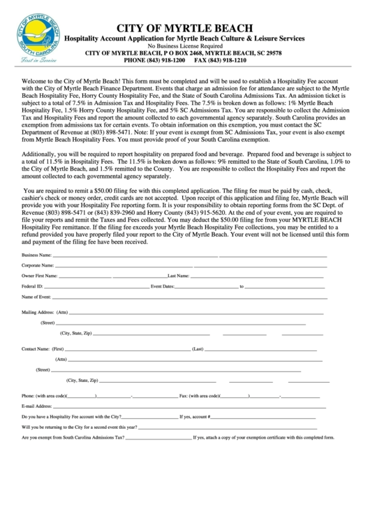 Hospitality Account Application Form - The City Of Myrtle Beach Printable pdf