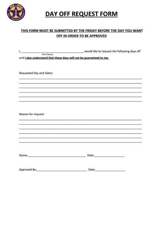 Day Off Request Form Printable pdf