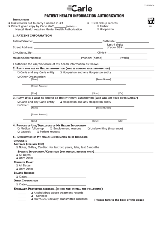 Patient Health Information Authorization Printable pdf
