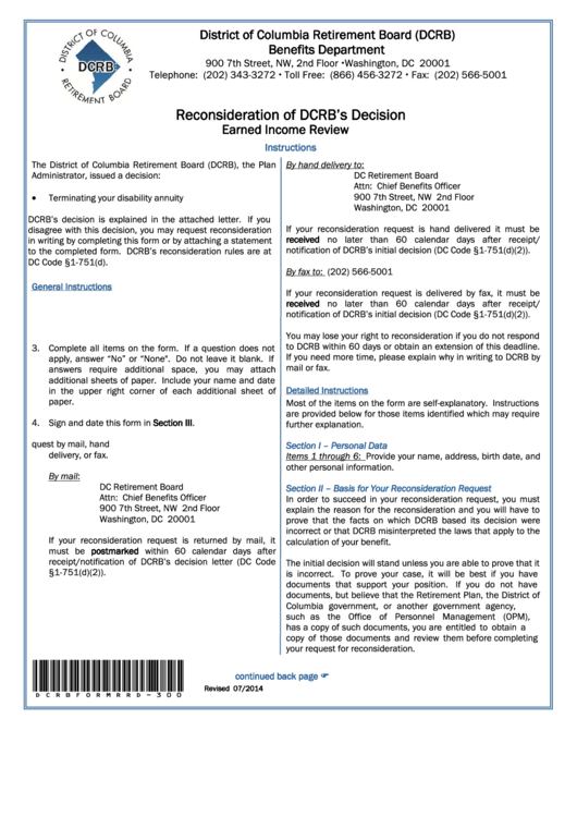 Fillable Reconsideration Of Dcrbs Decision Earned Income Review Form Printable pdf
