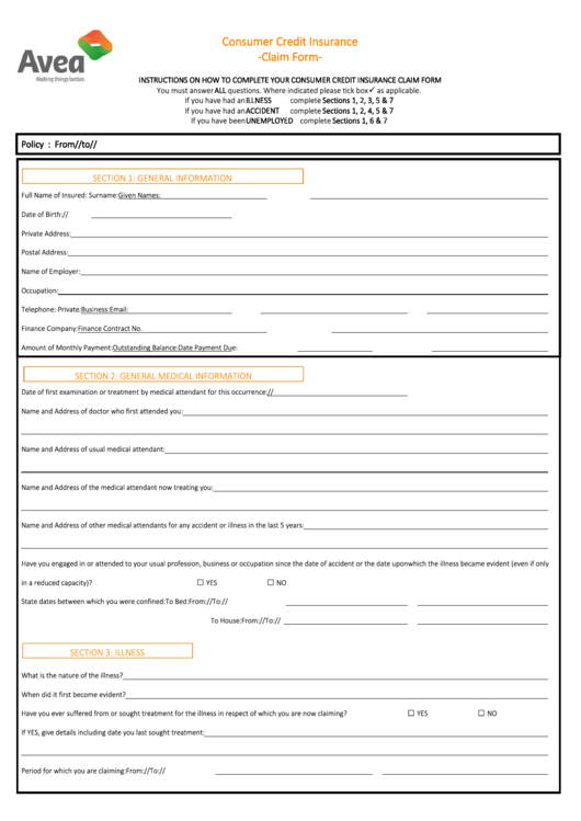 Consumer Credit Insurance Claim Form - Avea Insurance Printable pdf