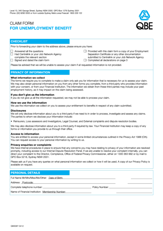 Claim Form For Unemployment Benefit - Eecu Printable pdf