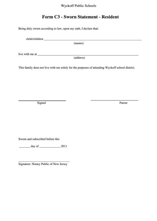 Fillable Form C3 Sworn Statement - Resident - Wyckoff School District Printable pdf