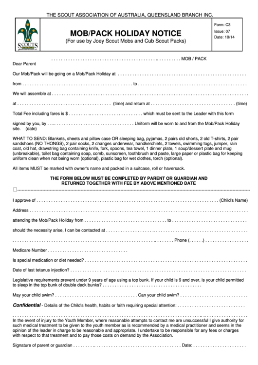 Fillable Mob Pack Holiday Notice Parents Consent Form Scouts Queensland Printable pdf