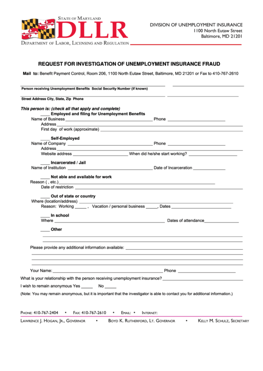 Request For Investigation Of Unemployment Insurance Printable pdf