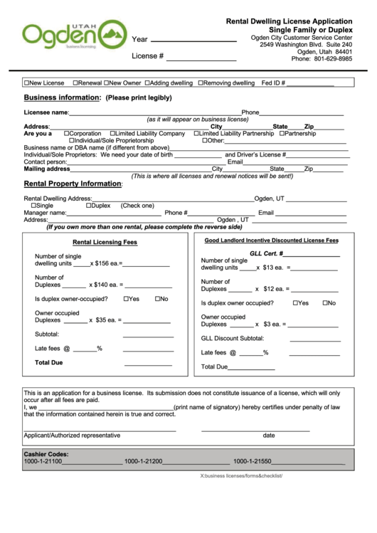 Rental Dwelling License Application Single Family Printable pdf