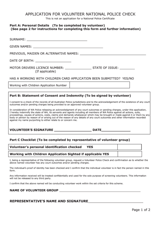 Application Form For Volunteer National Police Check Printable Pdf Download