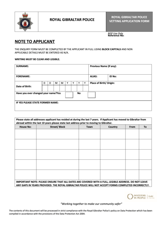 Vetting Application Form - Royal Gibraltar Police Printable pdf