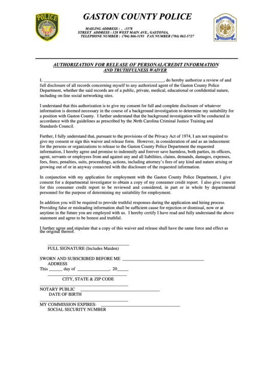 Authorization For Release Of Personal/credit Information And Truthfulness Waiver - Aston County Police Printable pdf