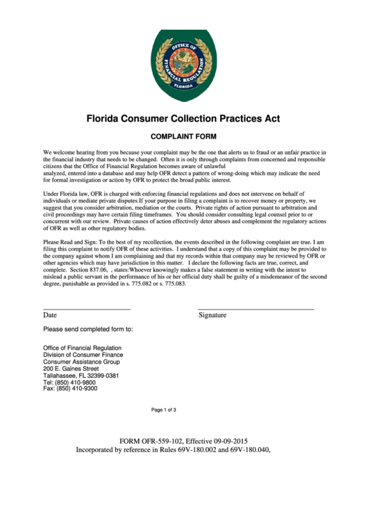 Florida Consumer Collection Practices Act Complaint Form Printable pdf