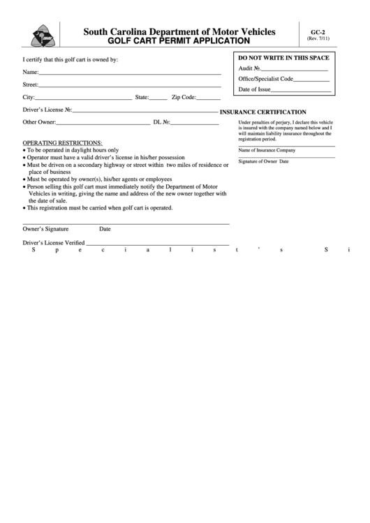 Form Gc-2 - Golf Cart Permit Application Form Printable pdf