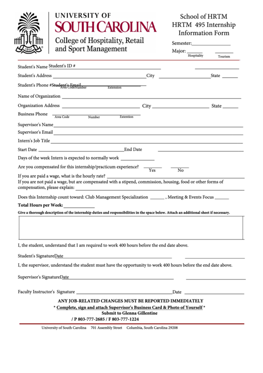 Fillable Hrtm 495 - University Of South Carolina Internship Information Form Printable pdf