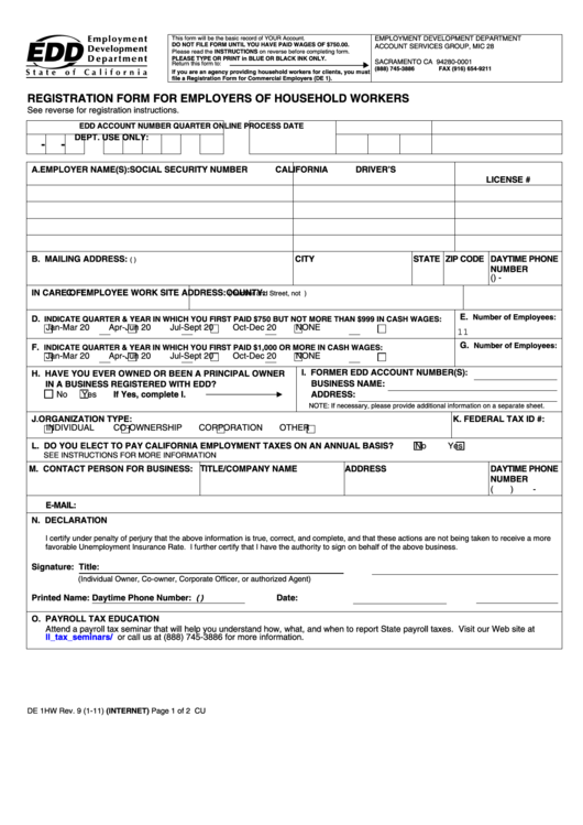 Fillable Form De 1hw - Registration Form For Employers Of Household Workers Printable pdf