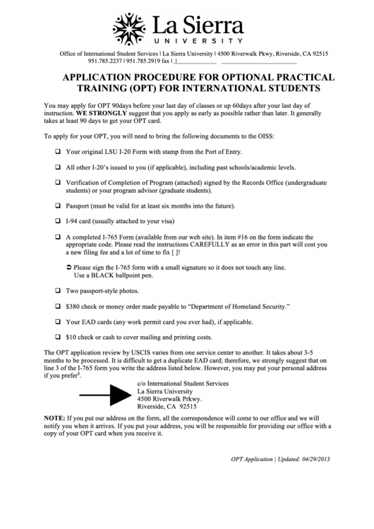 Fillable Opt Application Form - La Sierra University Printable pdf