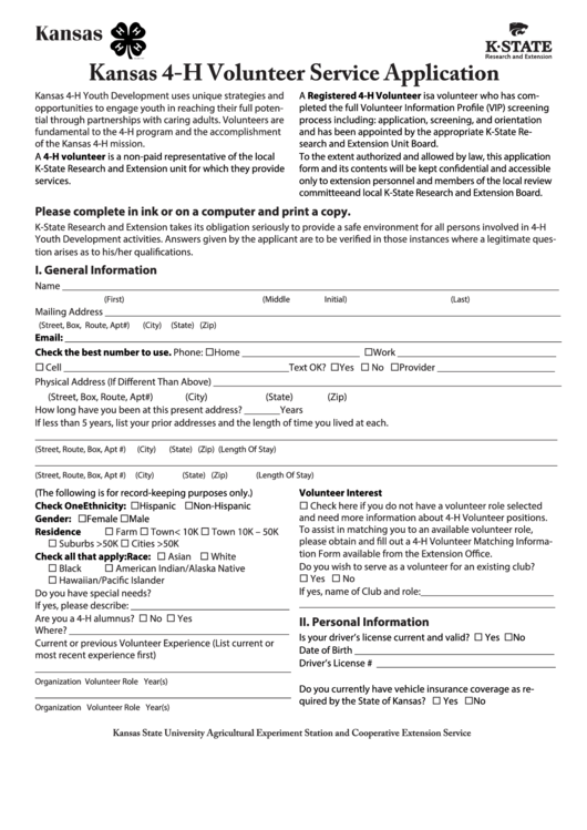 Fillable 4h673 Kansas 4h Volunteer Service Application Printable pdf
