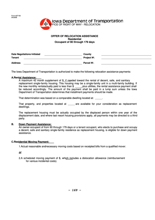 Offer Of Relocation Assistance - Iowa Department Of Transportation Printable pdf