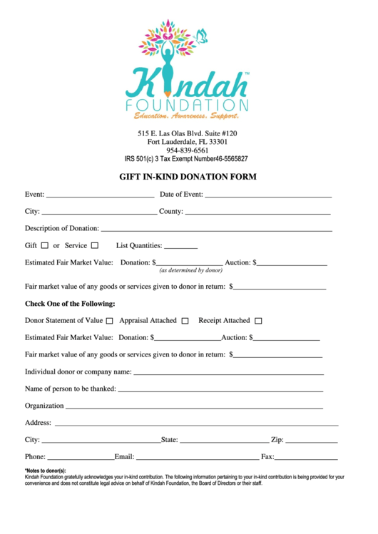 Fillable Kindah Foundation Gift In-Kind Donation Form Printable pdf