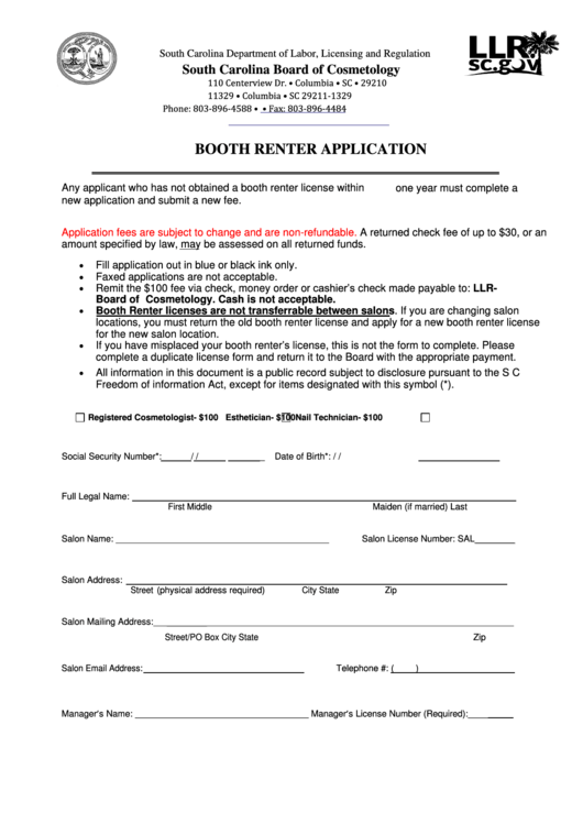 South Carolina Department Of Labor Licensing And Regulation Printable pdf
