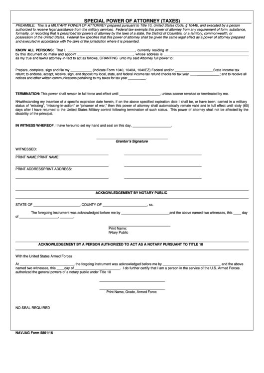 Fillable Form Navjag Form 5801/16 - Special Power Of Attorney (Taxes) Printable pdf