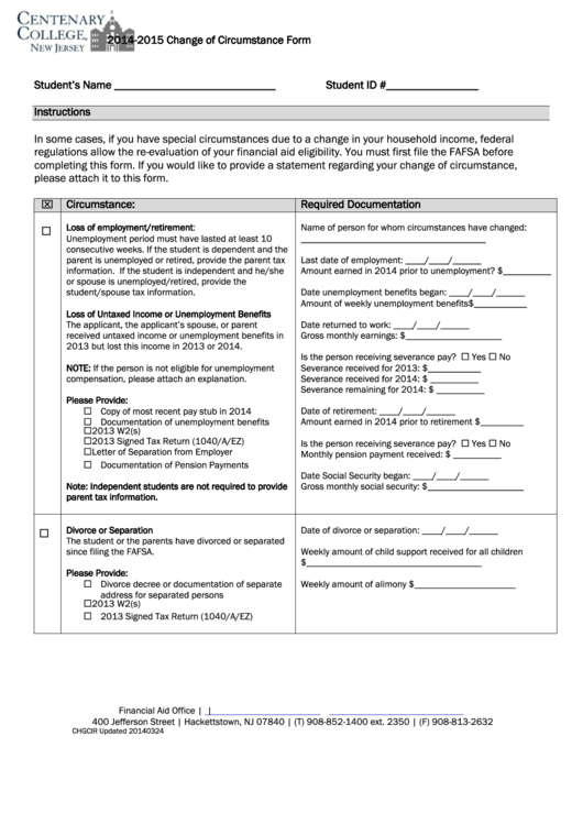 2014-2015 Change Of Circumstance Form Printable pdf
